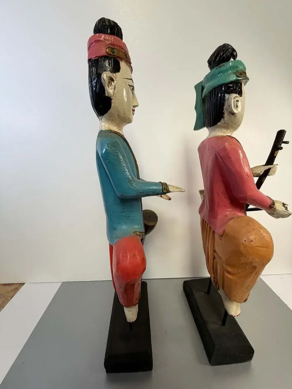 Set of Two Vintage Carved Wood Thai Musicians Sculptures on Stand
